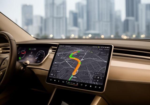 Modernes Auto-Cockpit mit Navigationsdisplay, das eine Route durch eine Stadt zeigt, im Hintergrund Wolkenkratzer